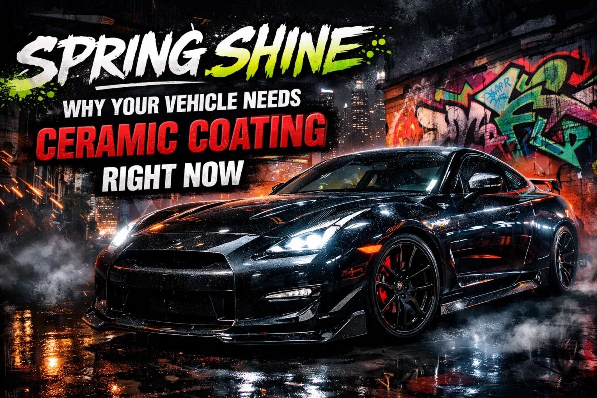 Advertising banner for car ceramic coating featuring a black sports car and bold graffiti backdrop with 'Ceramic Coating Right Now' text underground scene.