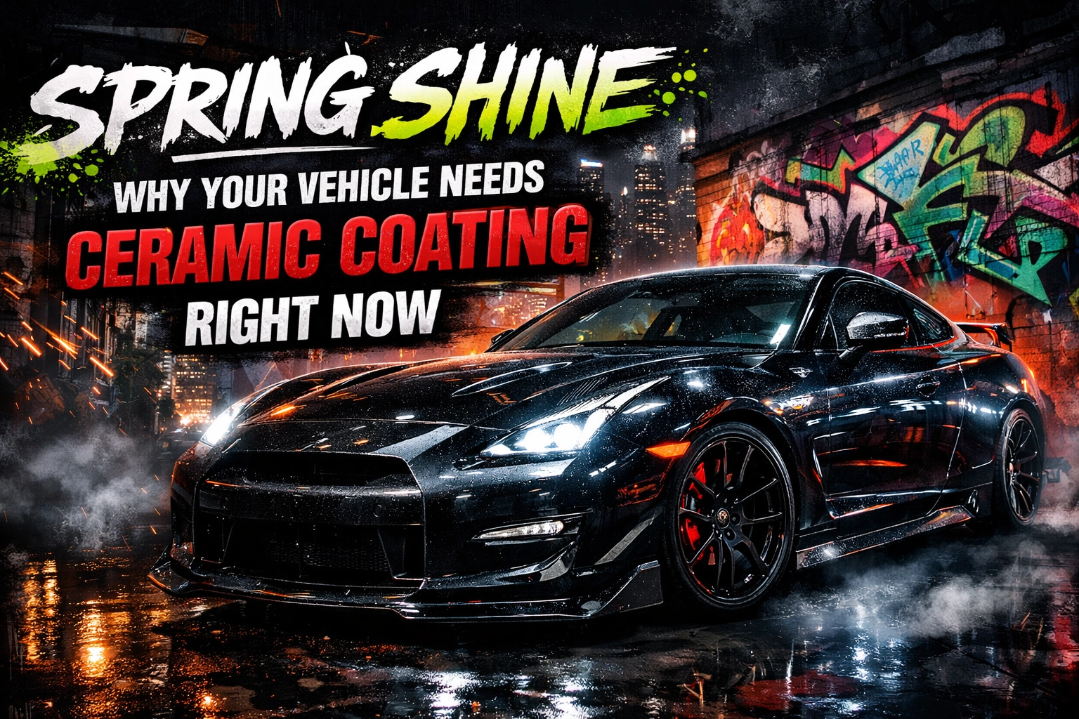 Advertising banner for car ceramic coating featuring a black sports car and bold graffiti backdrop with 'Ceramic Coating Right Now' text underground scene.