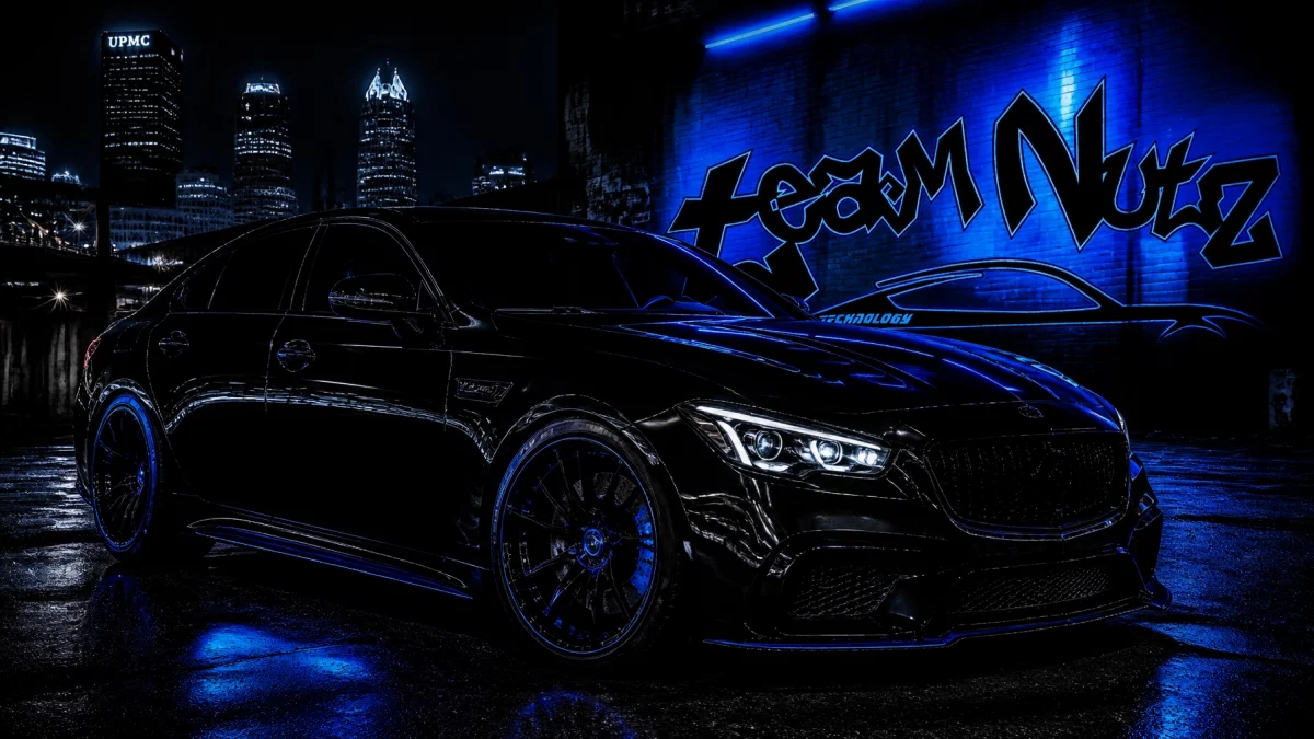 Nighttime city scene with a black luxury sedan parked near a blue-lit graffiti wall, reflecting neon light on wet pavement.