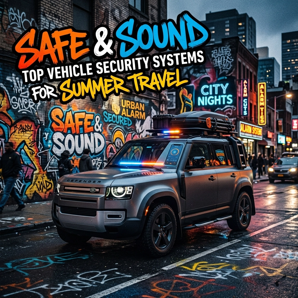 Silver Defender SUV with a roof box and flashing lights on a graffiti-filled city street, advertising Safe & Sound vehicle security for summer travel.