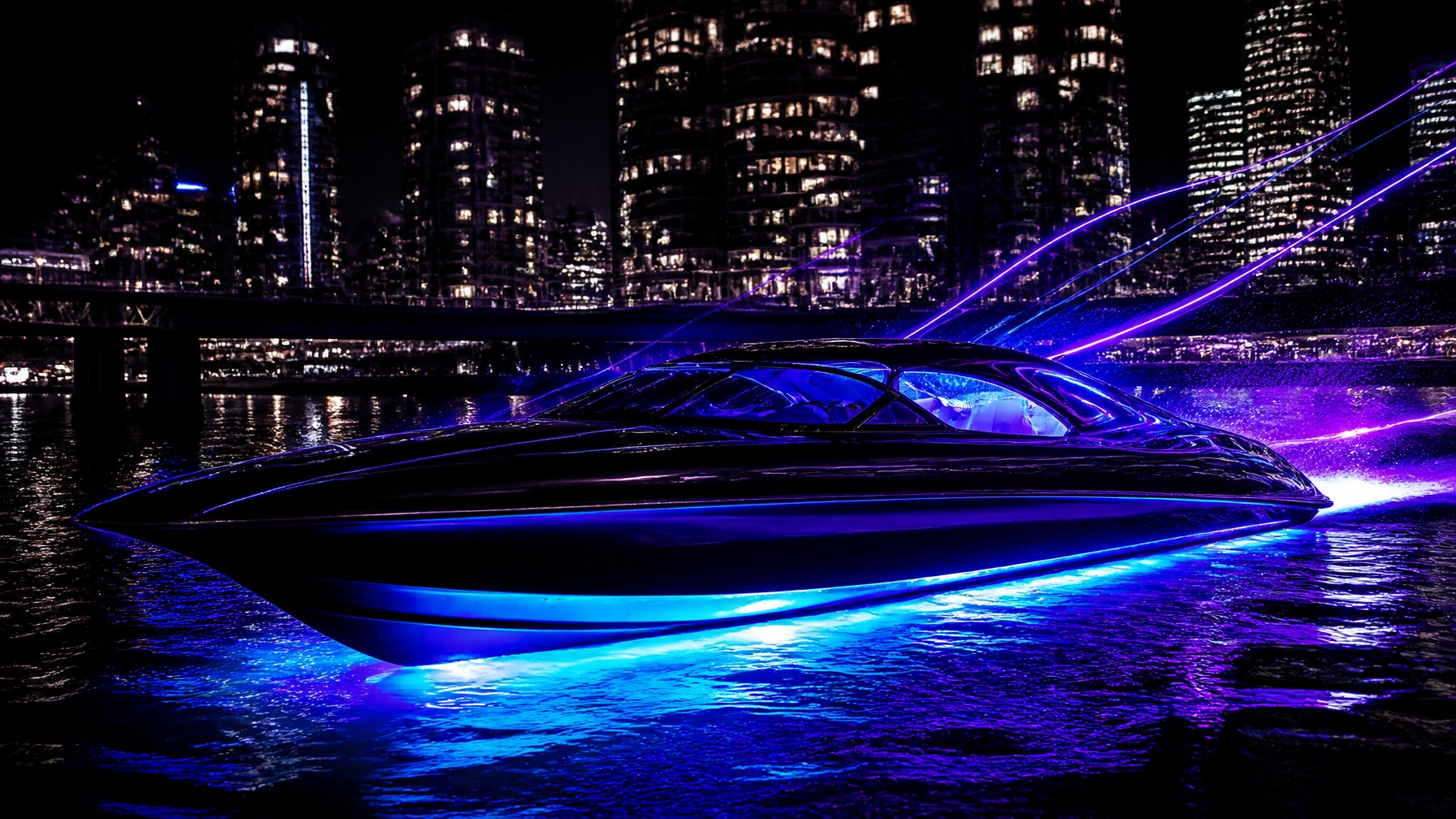 Night scene of a black speedboat with blue underglow racing on dark water, city lights in the background.