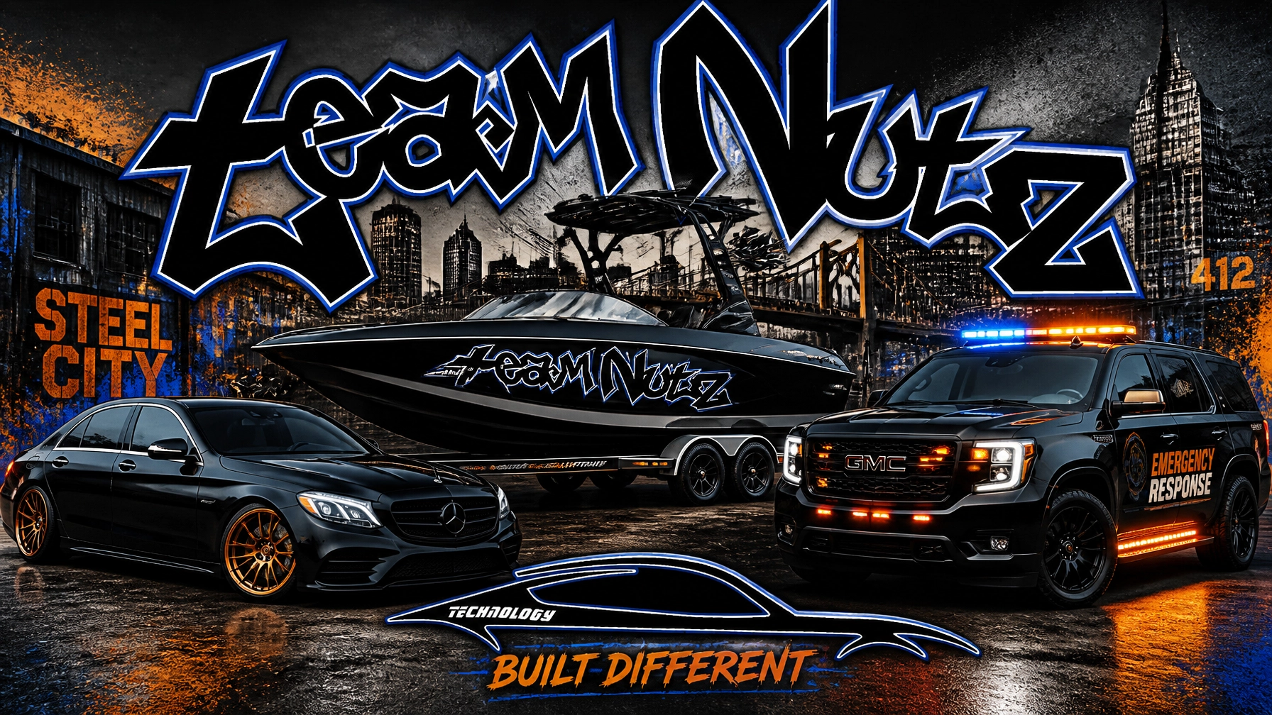Graffiti-covered city scene with a black speedboat on a trailer, a Mercedes sedan, and a GMC emergency-response SUV; bold graffiti lettering dominates the backdrop with orange accents and text like 'Steel City' and 'Built Different.'