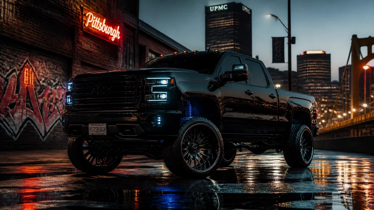 Black lifted pickup truck on a wet city street at night, with neon Pittsburgh sign and skyline in the background.
