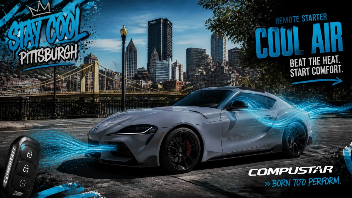 Promotional banner with a silver sports car and blue energy trails; ad reads 'Stay Cool Pittsburgh' and 'Remote Starter'.