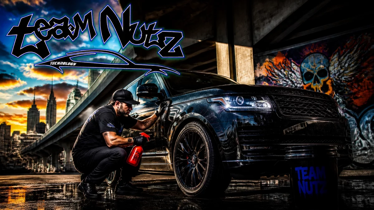 Auto detailer crouches beside a black SUV, spraying polish under a colorful graffiti mural with a city skyline in the background.