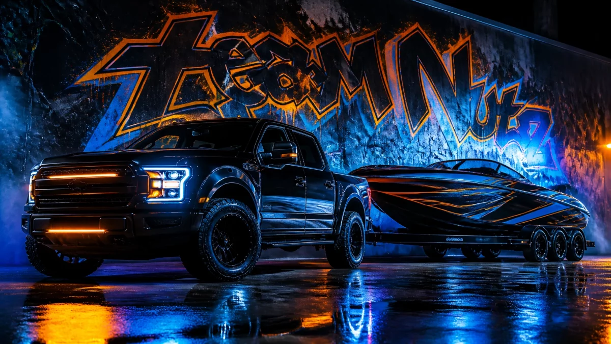 Night scene of a black pickup truck hitched to a sleek speedboat on a multi-axle trailer, parked before a vibrant neon graffiti wall with blue and orange reflections.