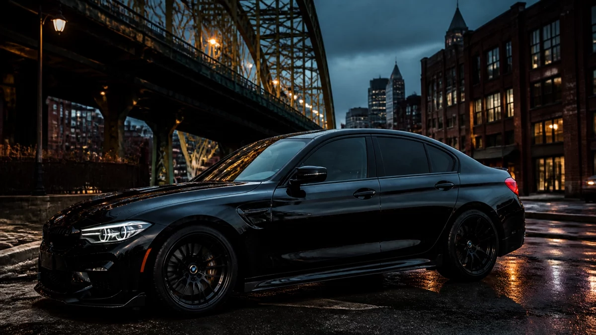 Black luxury sedan parked on a wet city street at dusk with a lit bridge and urban skyline in the background