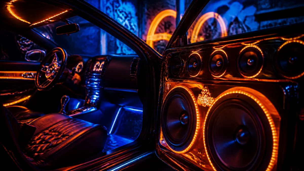 Inside a car at night with blue ambient lighting and orange LED-lit speaker panels on the door.