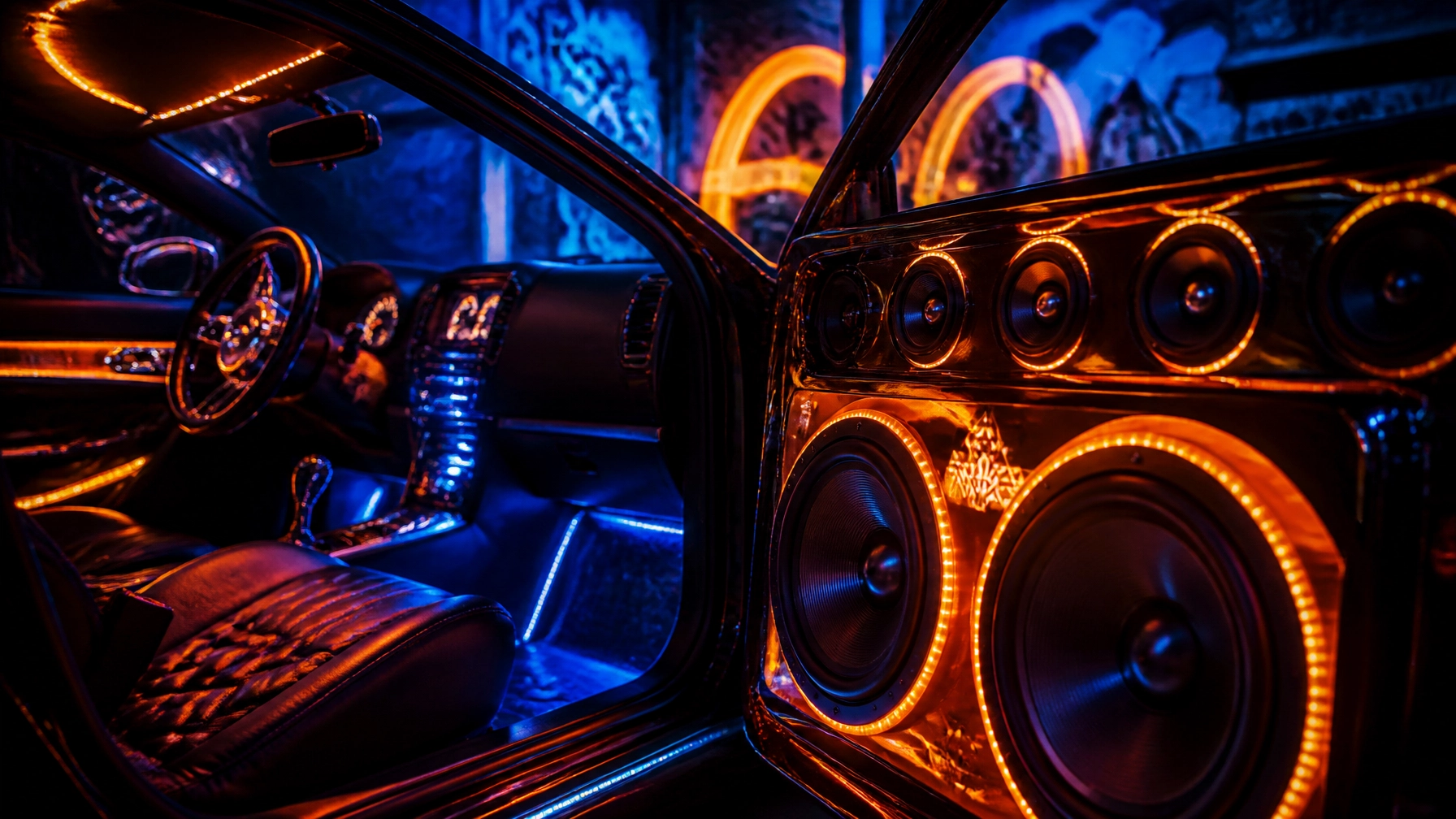 Inside a car at night with blue ambient lighting and orange LED-lit speaker panels on the door.