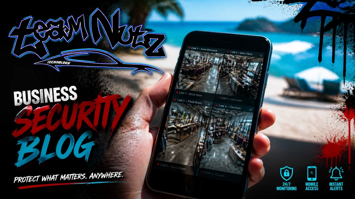 Hand holding a smartphone showing multiple security camera feeds inside a store, with a beach scene and graffiti background behind it.