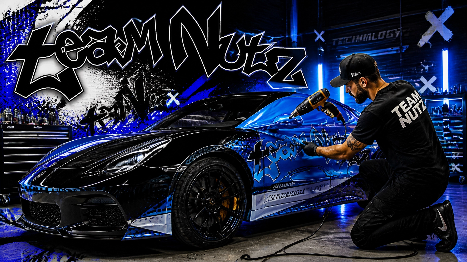 Mechanic in a Team Nutz shirt kneels beside a black-and-blue sports car, using a drill to apply blue wrap in a graffiti-lit workshop windowed with neon accents.