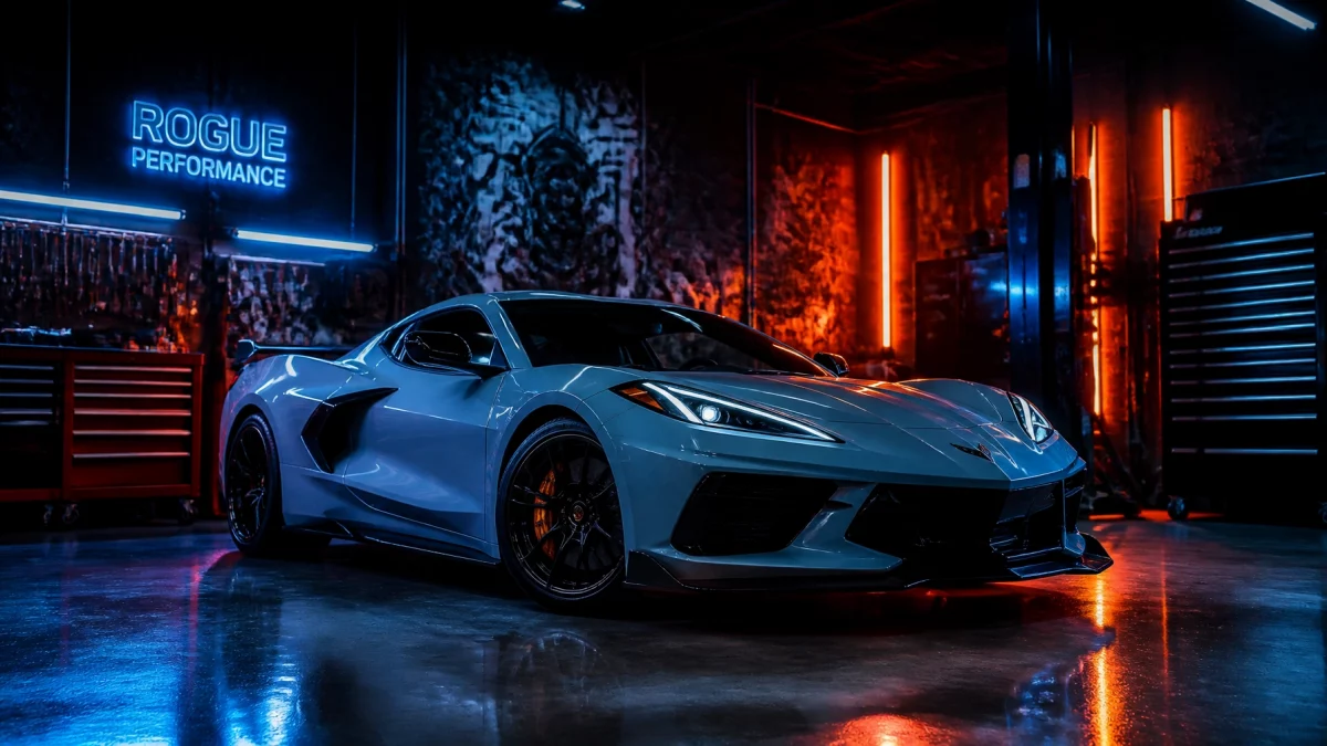 Blue Chevrolet Corvette in a neon-lit workshop with Rogue Performance sign.