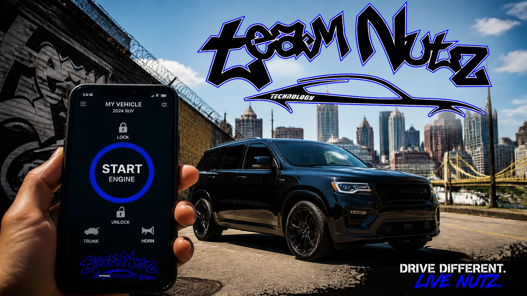 Hand holding a smartphone showing a car-start app in front of a black SUV with graffiti logo and city skyline behind.