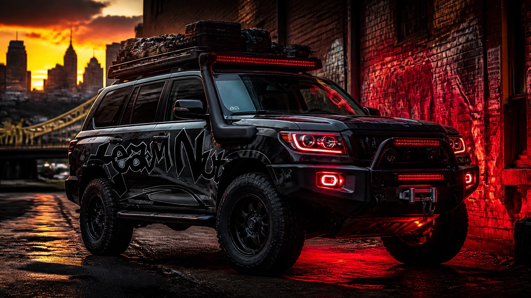Black off-road SUV with red LED lights and roof cargo, parked in an urban alley at sunset.
