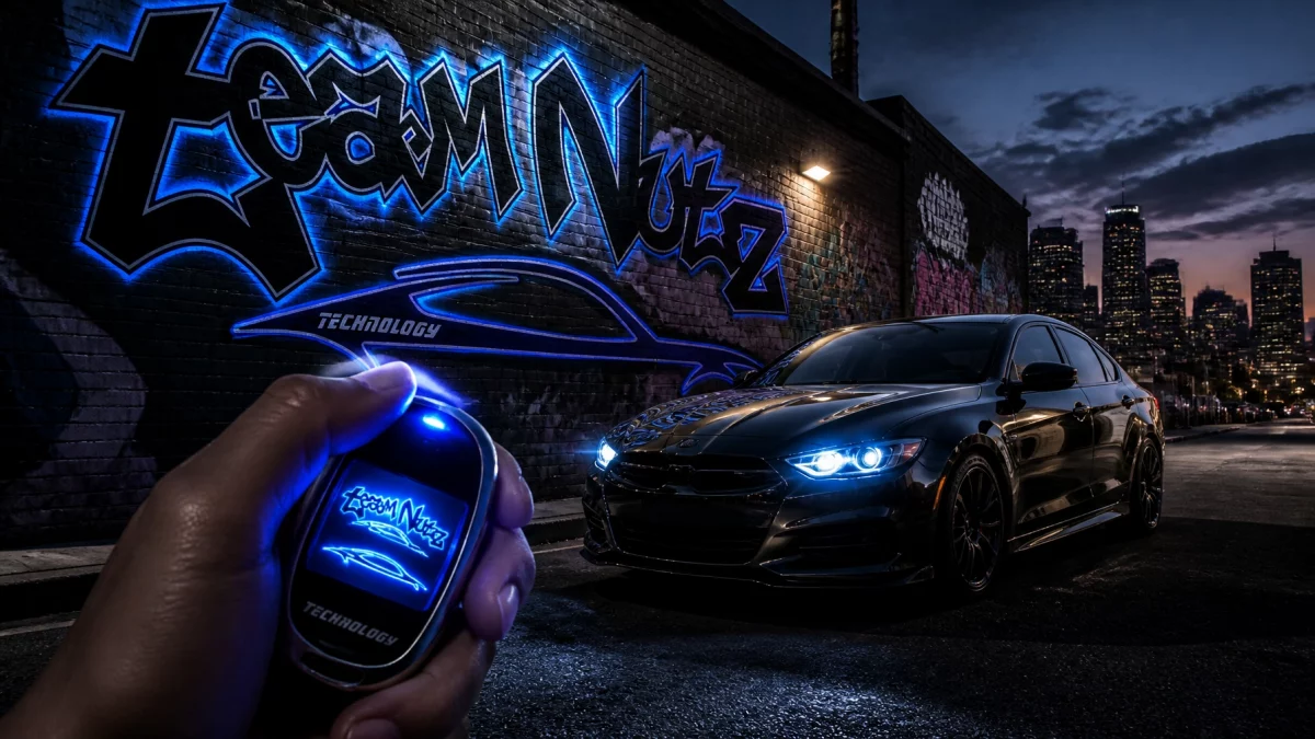 Black sedan with blue headlights parked near a neon graffiti wall; a hand holds a blue-glow key fob in the foreground, city skyline in the distance at dusk.