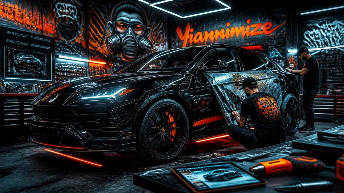 Black luxury SUV being wrapped in a neon-lit workshop, two technicians applying orange graphics.
