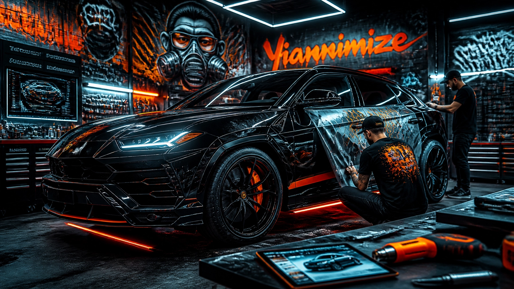 Black luxury SUV being wrapped in a neon-lit workshop, two technicians applying orange graphics.