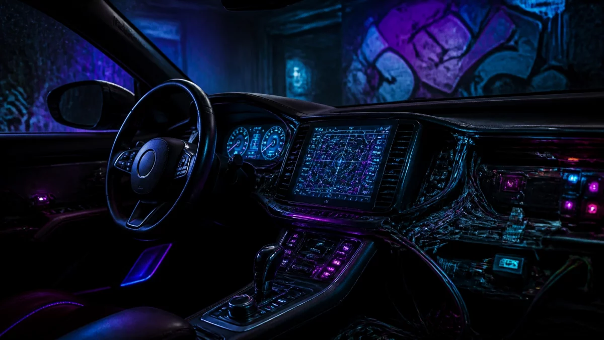Futuristic car cockpit at night with blue-pink neon lighting, steering wheel and a large central touchscreen displaying a complex map/dashboard.