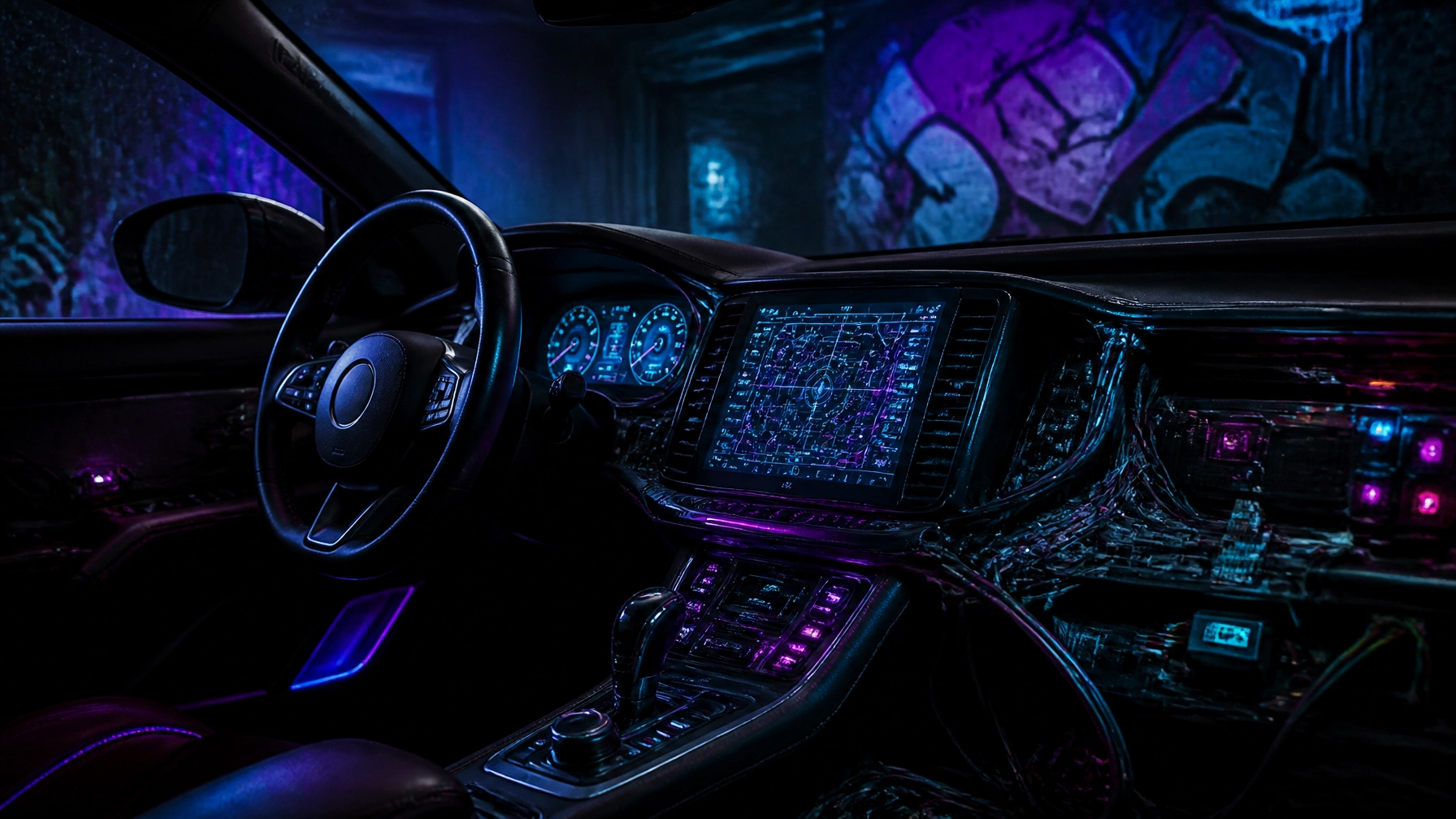 Futuristic car cockpit at night with blue-pink neon lighting, steering wheel and a large central touchscreen displaying a complex map/dashboard.