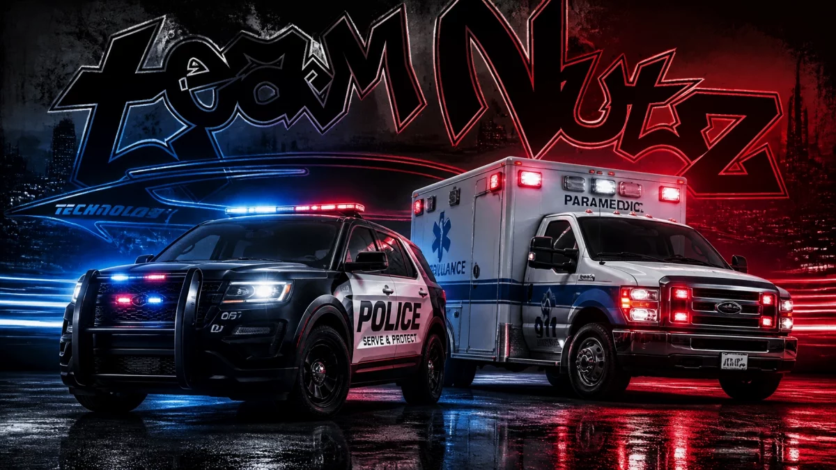 Police SUV and an ambulance parked on a wet city street at night, red and blue emergency lights flashing against a neon graffiti backdrop.