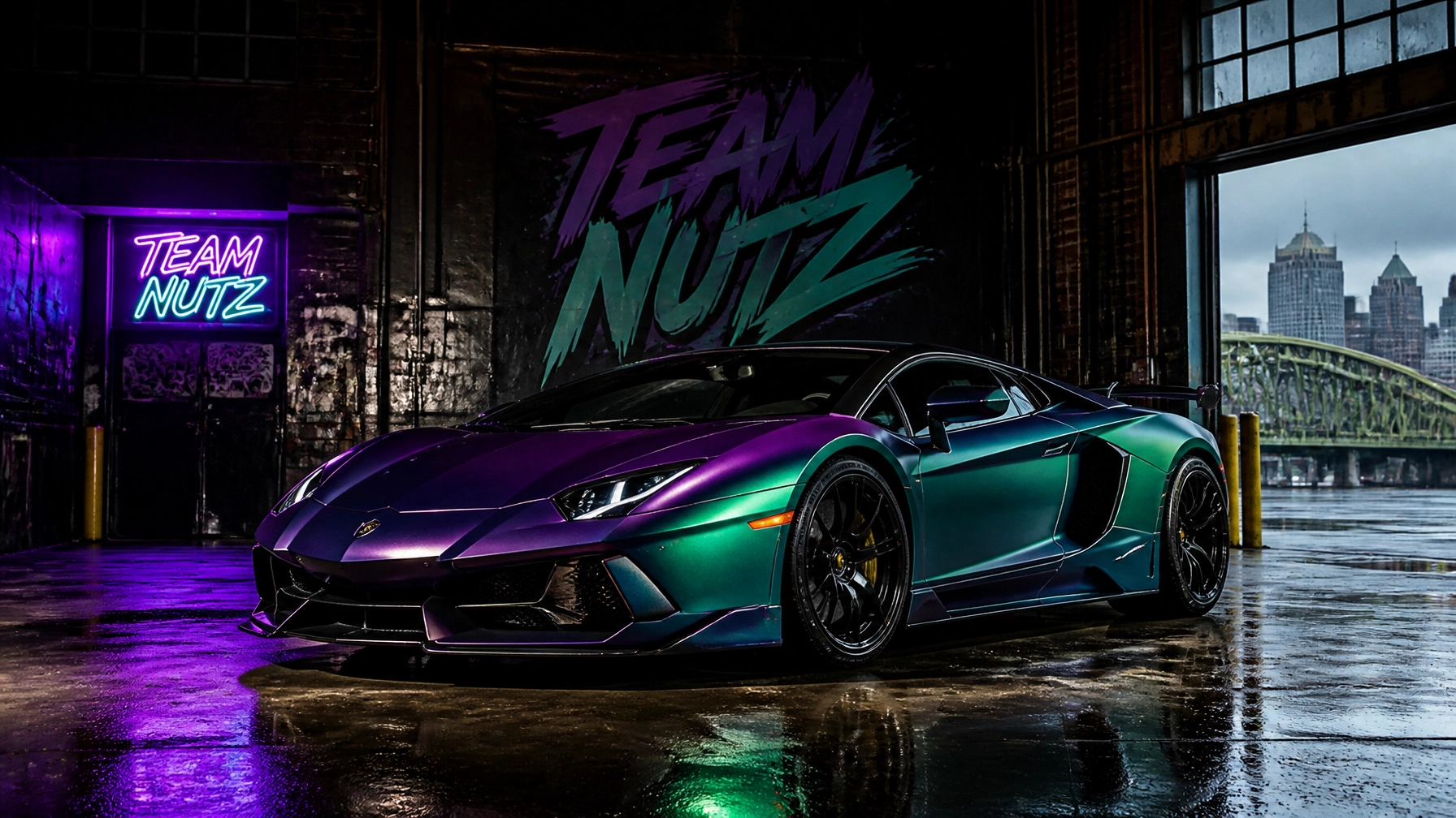 Colorful Lamborghini in a dark neon-lit garage with a purple-green gradient, graffiti mural reading 'TEAM NUTZ' behind it.