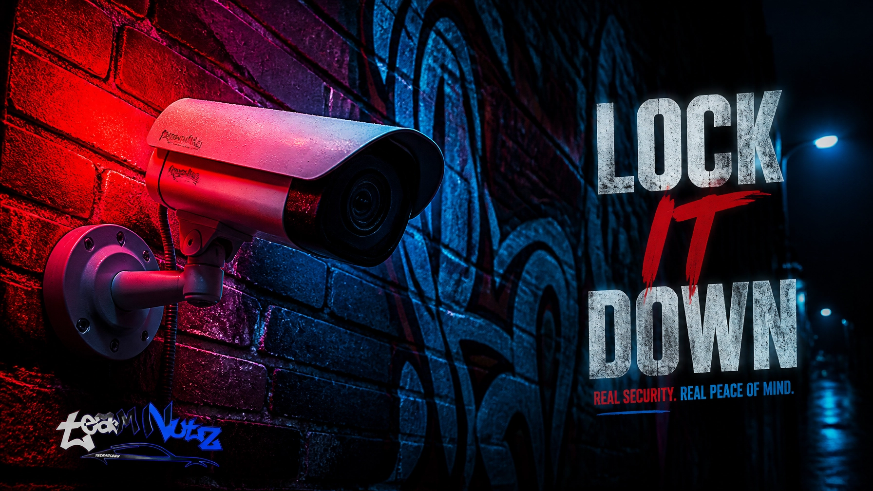 Surveillance camera mounted on a graffiti-covered brick wall at night with red and blue neon lighting; slogan reads 'LOCK IT DOWN.'