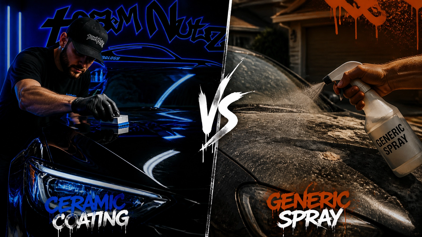 Split-screen image showing a man polishing a shiny car with a blue neon backdrop labeled 'Ceramic Coating' on the left, and a hand spraying dusty surface labeled 'Generic Spray' on the right.