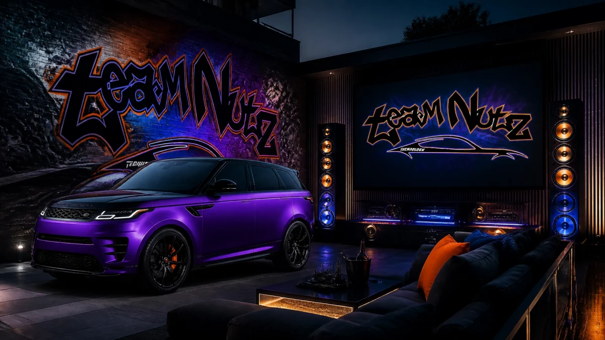 Purple Range Rover SUV parked in a neon-lit garage with a graffiti wall and large entertainment screen.