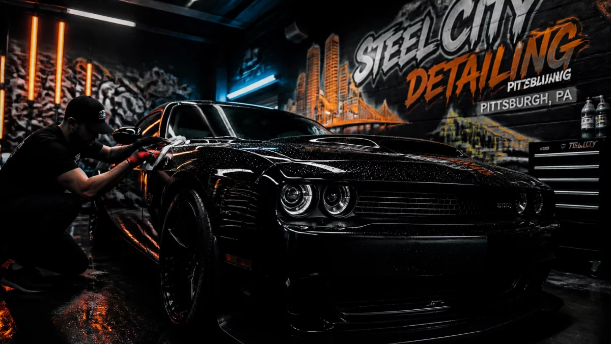 Professional detailer buffing a glossy black car in a neon-lit detailing shop, with a Steel City Detailing mural in Pittsburgh visible behind.