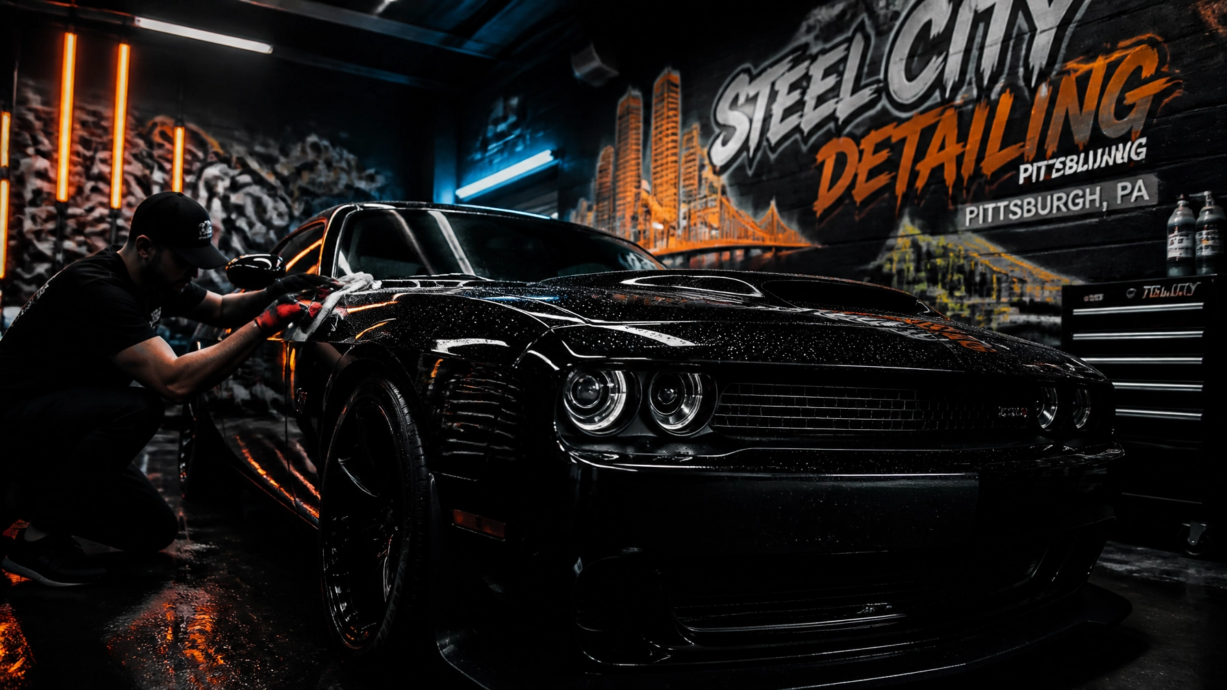 Professional detailer buffing a glossy black car in a neon-lit detailing shop, with a Steel City Detailing mural in Pittsburgh visible behind.