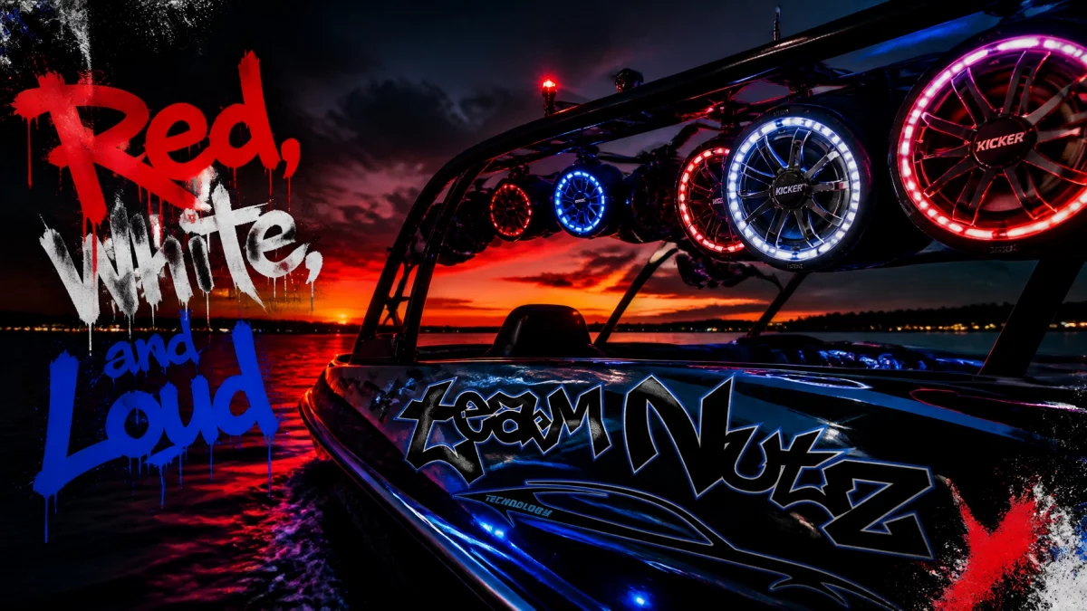 Wakeboard boat at sunset with neon red, blue, and white LED lights and graffiti text 'Red, White, and Loud' on the hull.