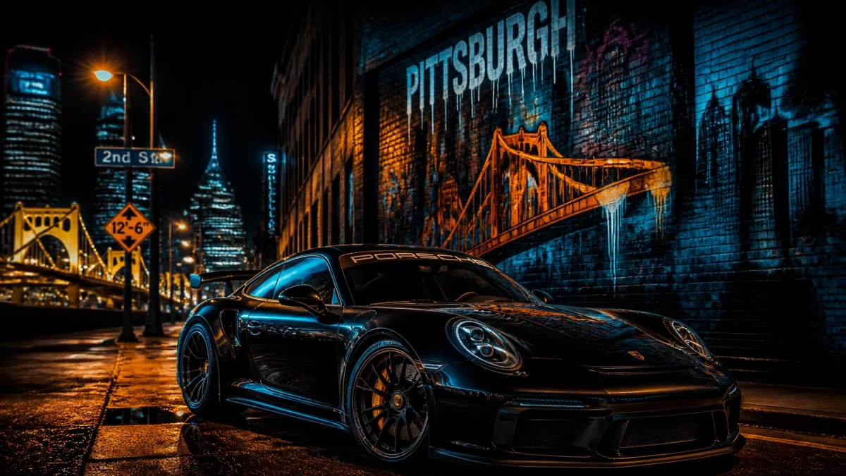 Black Porsche sports car parked on a rain-slick street at night in front of a blue-lit Pittsburgh mural featuring the city bridge and skyline in the background.