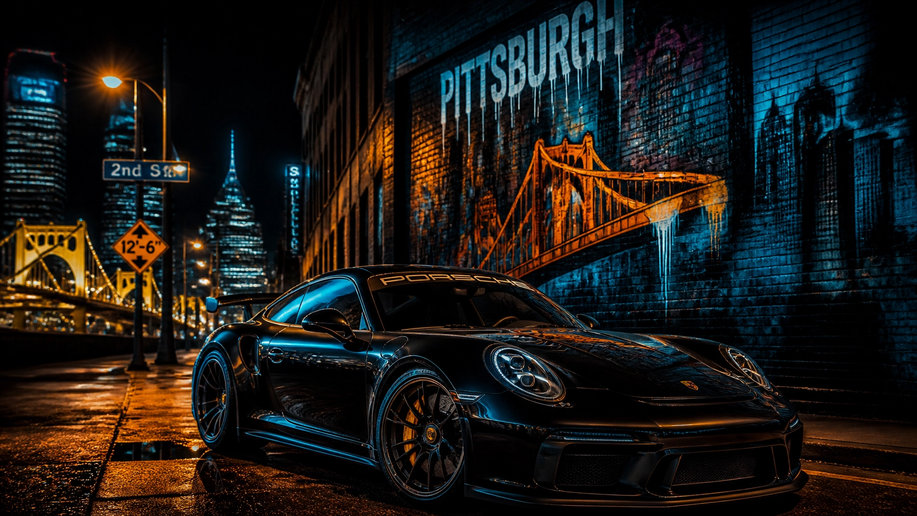 Black Porsche sports car parked on a rain-slick street at night in front of a blue-lit Pittsburgh mural featuring the city bridge and skyline in the background.
