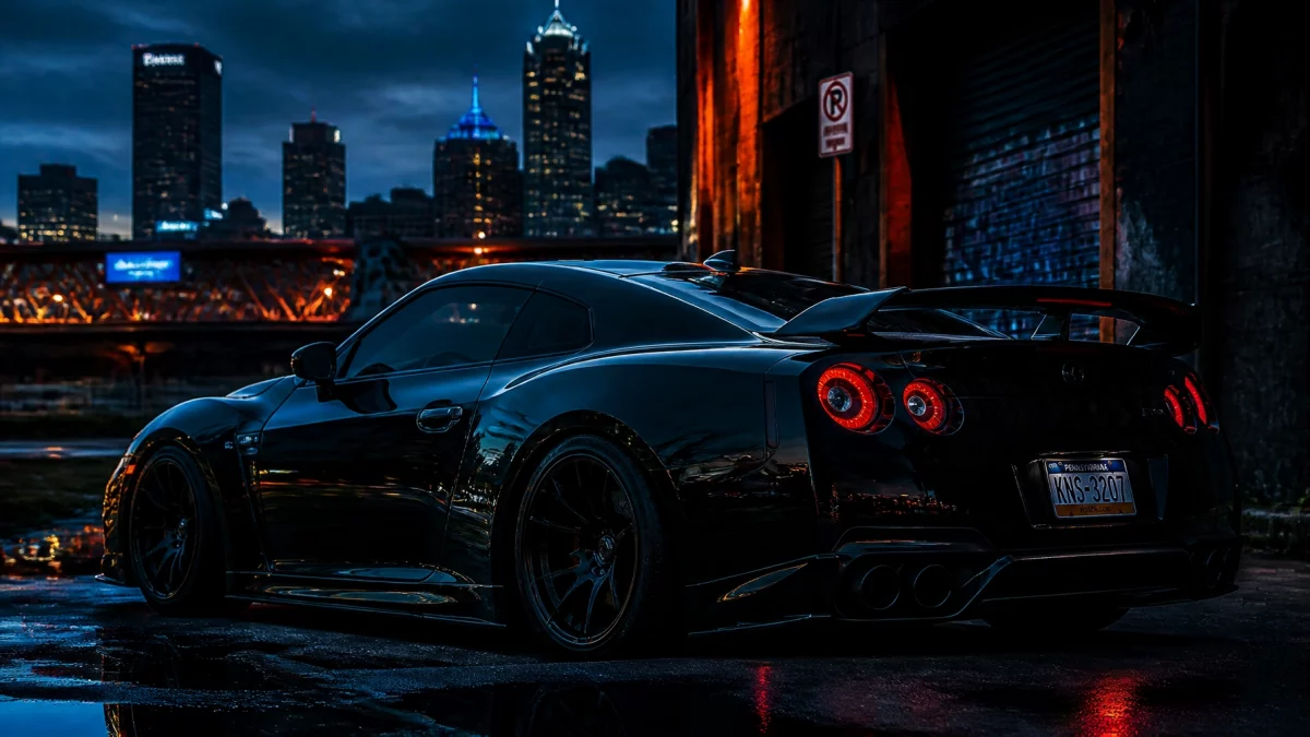 Rear three-quarter view of a black sports car with red taillights on a wet street at night, city skyline in the background.