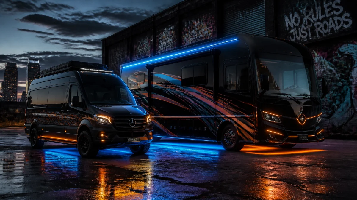 Two black luxury vans with blue and orange underglow parked beside a graffiti-covered wall at dusk, city skyline in the background.
