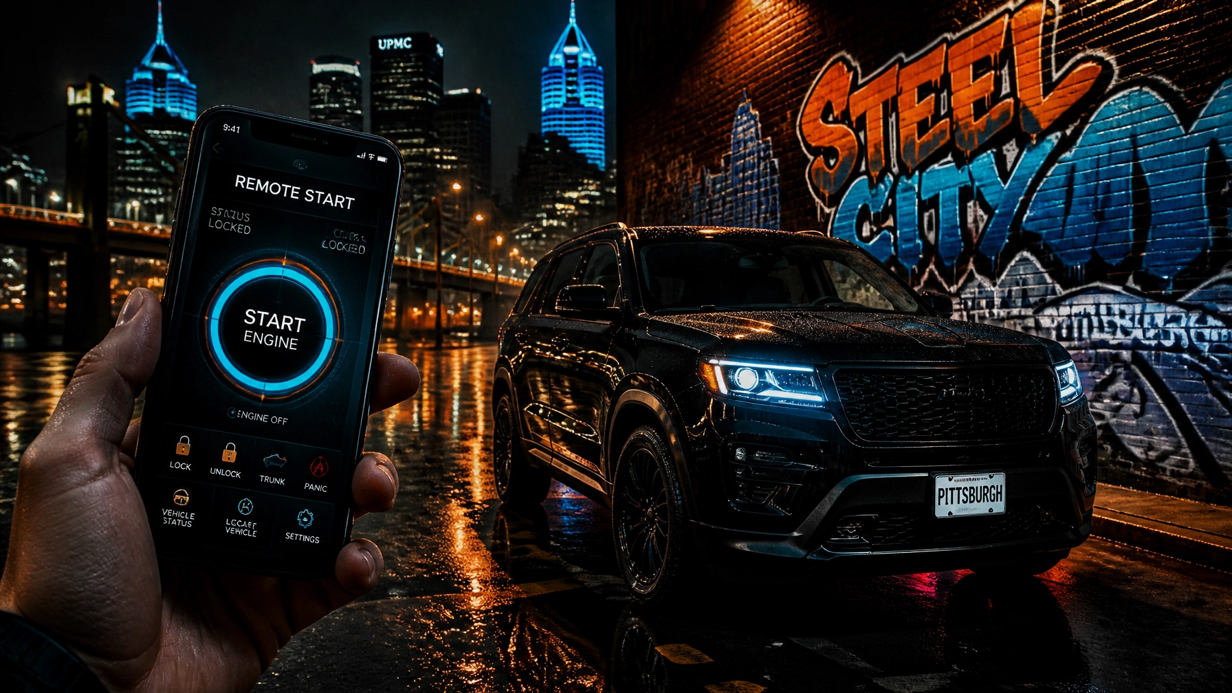 Phone showing a remote start app 'START ENGINE' in foreground as a black SUV sits on a wet city street at night by a graffiti wall in Pittsburgh graffiti scene.