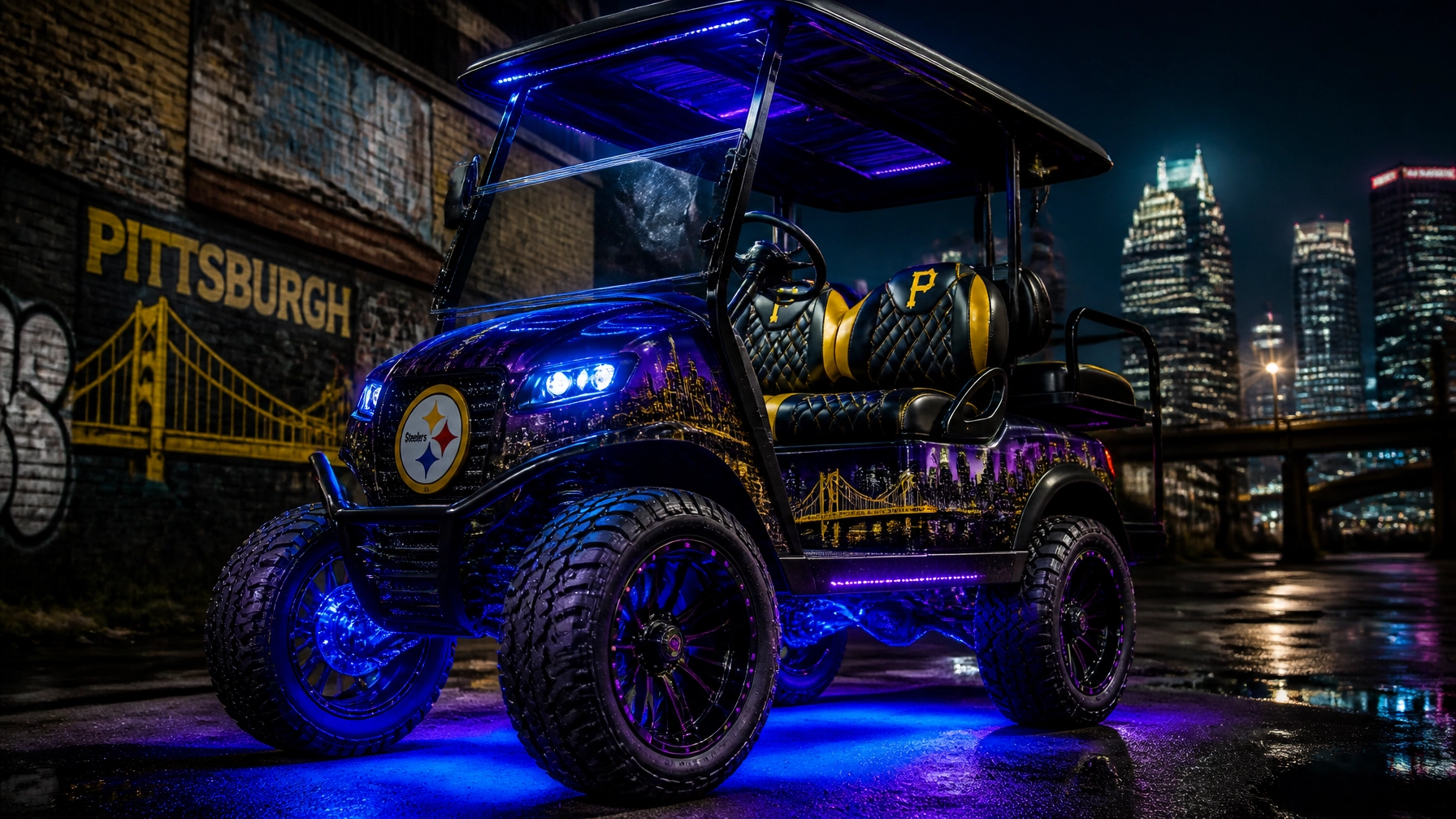 Purple customized golf cart with Pittsburgh Steelers logos, illuminated in blue LEDs, parked on a wet street at night with a city skyline backdrop.