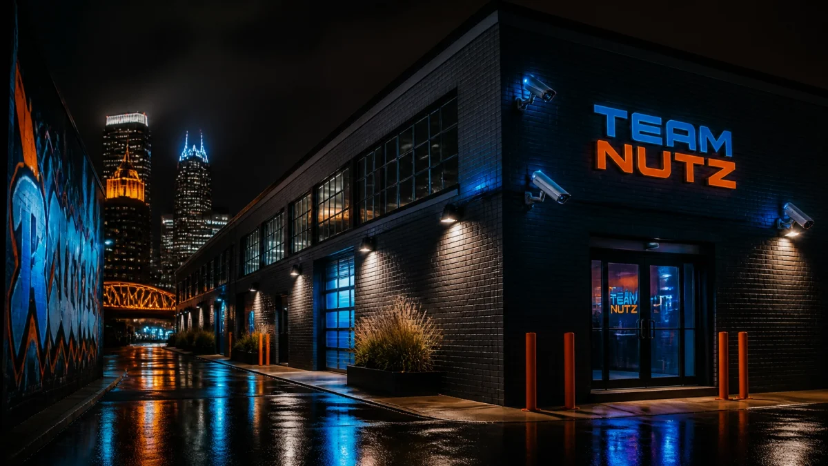 Night exterior of a brick building with a blue and orange TEAM NUTZ sign, security cameras, and wet pavement reflecting city lights near a graffiti wall and skyline.