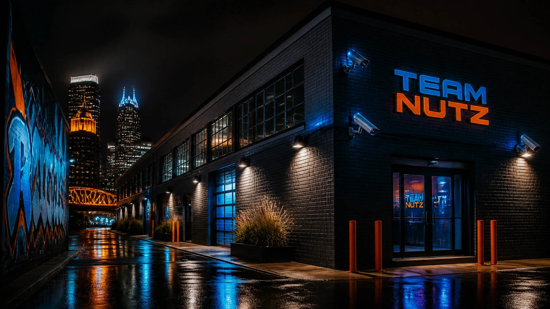 Night exterior of a brick building with a blue and orange TEAM NUTZ sign, security cameras, and wet pavement reflecting city lights near a graffiti wall and skyline.