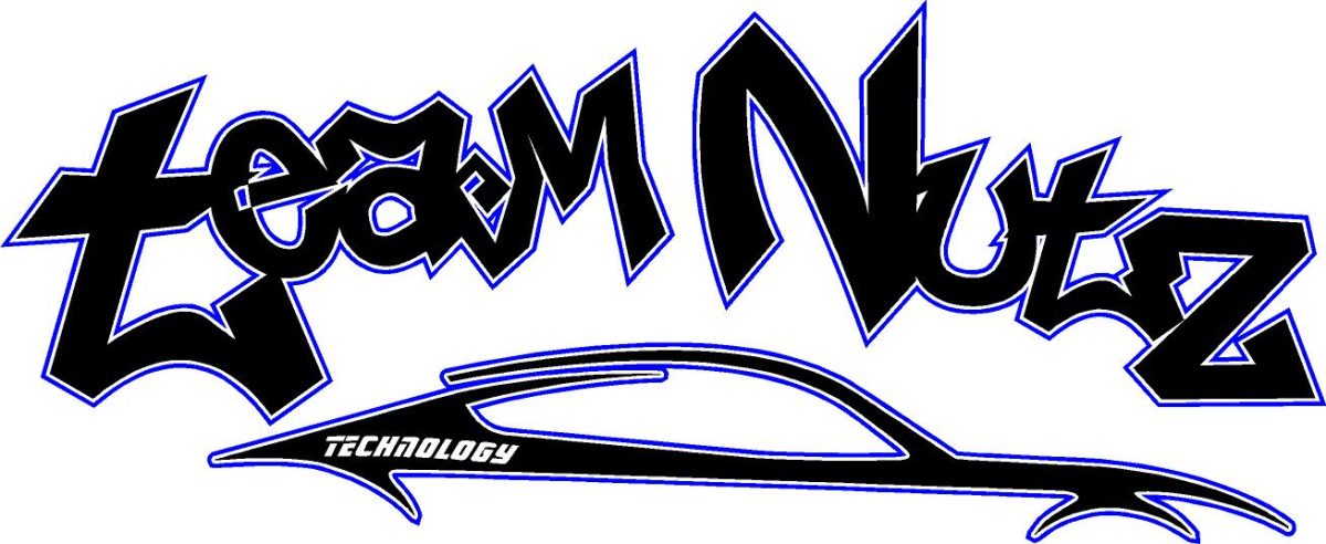Graffiti-style team logo with bold black letters outlined in blue, a sleek black race car silhouette beneath, and the word 'Technology' along the car.