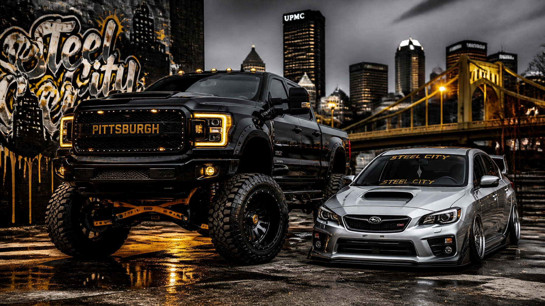 Black lifted pickup with amber roof lights beside a silver sedan labeled 'Steel City' in a nighttime cityscape with graffiti wall and bridge.