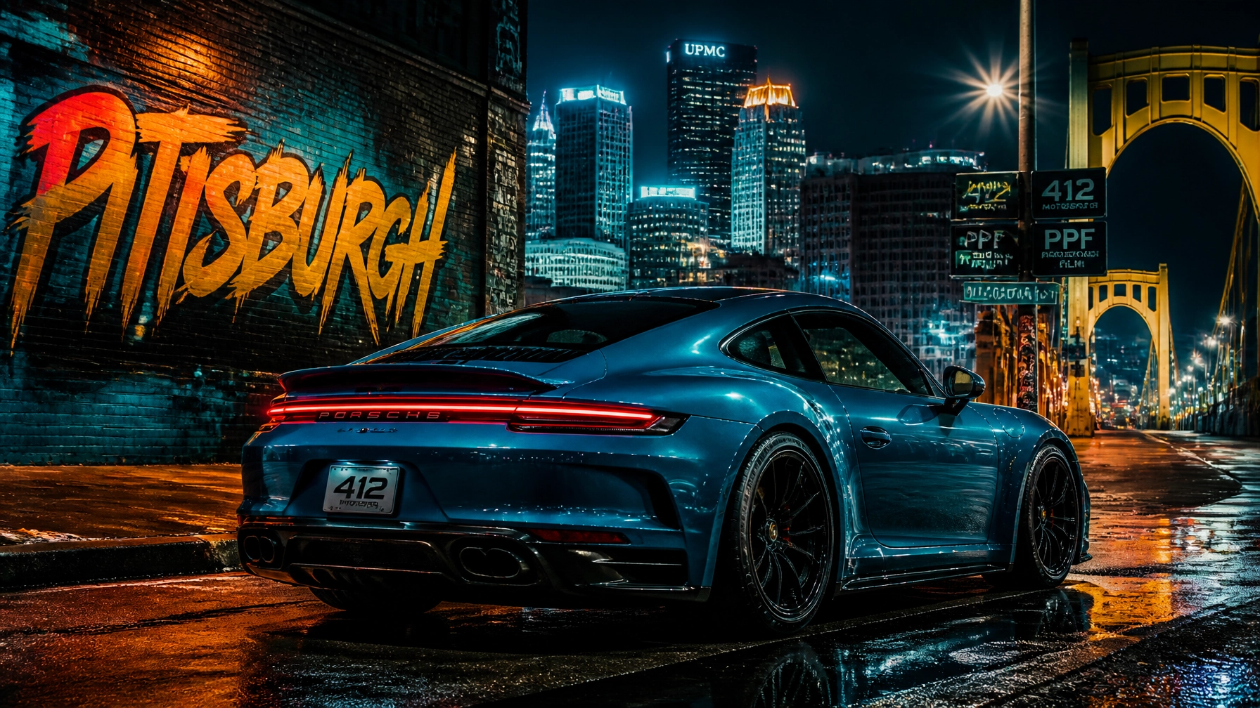 Blue Porsche 911 parked on a wet city street at night with a Pittsburgh graffiti mural and illuminated skyline in the background.