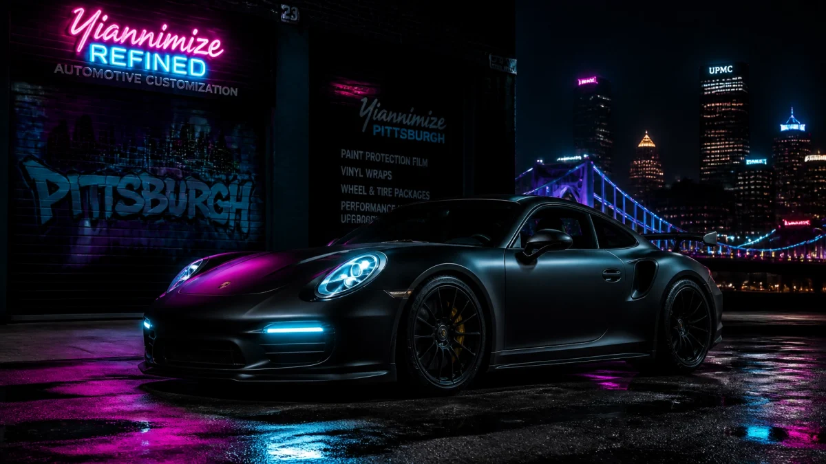 Dark Porsche 911 with blue headlights parked on a wet city street at night, neon pink-blue signage and skyline in the background.