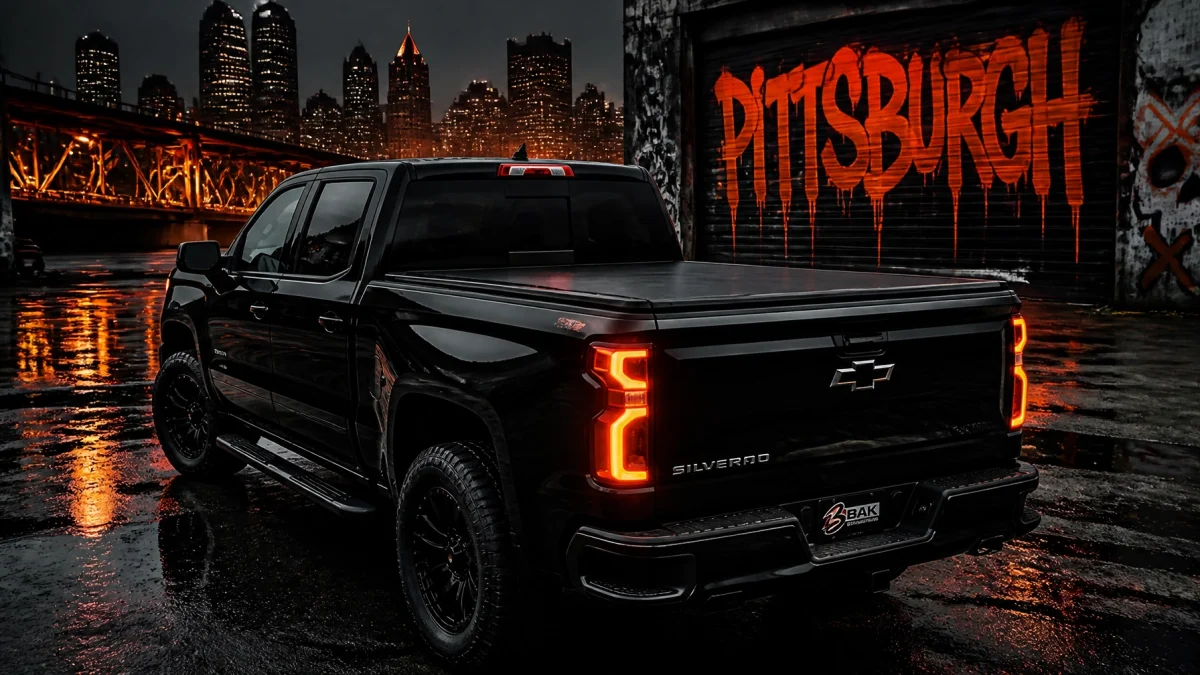 Black Chevrolet Silverado pickup parked on a wet nighttime street, with orange Pittsburgh graffiti on a garage wall and a lit city skyline in the background.