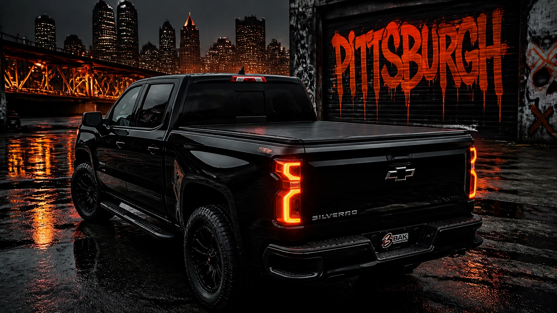 Black Chevrolet Silverado pickup parked on a wet nighttime street, with orange Pittsburgh graffiti on a garage wall and a lit city skyline in the background.