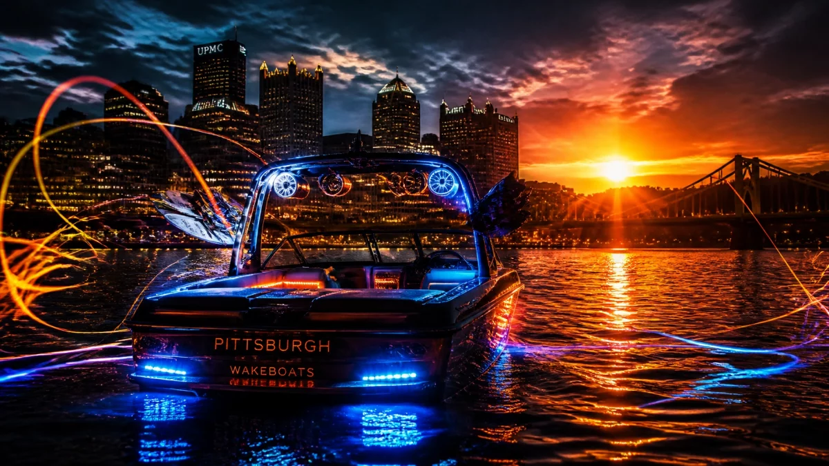 A neon-lit speedboat on dark water at sunset, with a city skyline and a bridge in the background.
