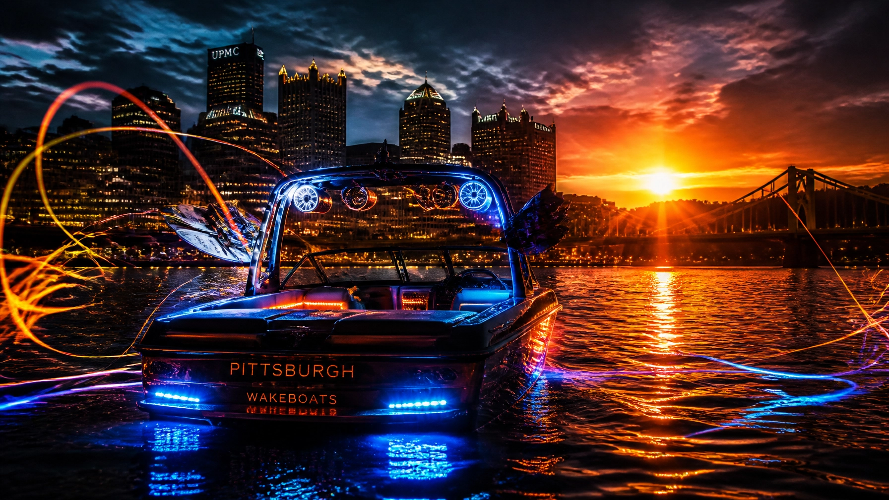 A neon-lit speedboat on dark water at sunset, with a city skyline and a bridge in the background.