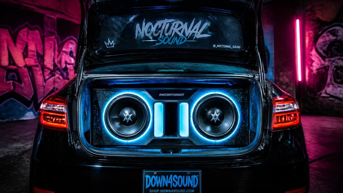 Back of a black car with the trunk open, showcasing a blue-lit dual subwoofer system and neon accents against a graffiti wall at night.