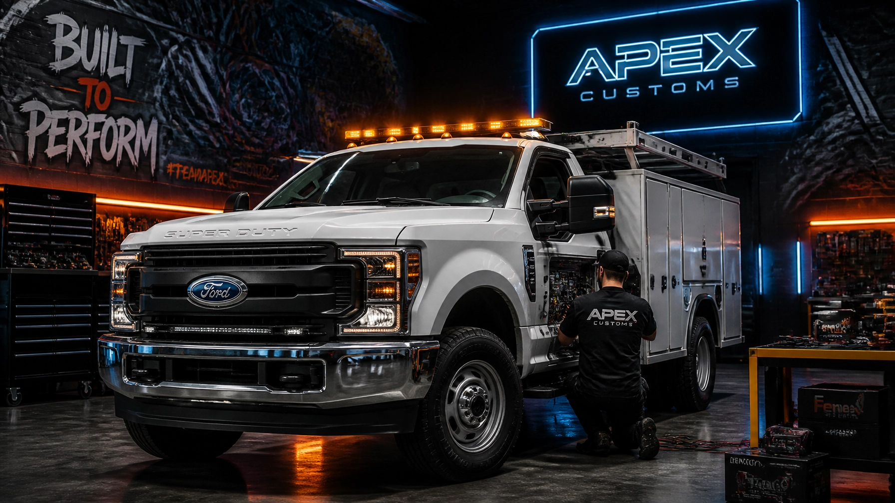 White Ford Super Duty utility truck being serviced in a neon-lit workshop by Apex Customs, mechanic kneeling by the open side panel