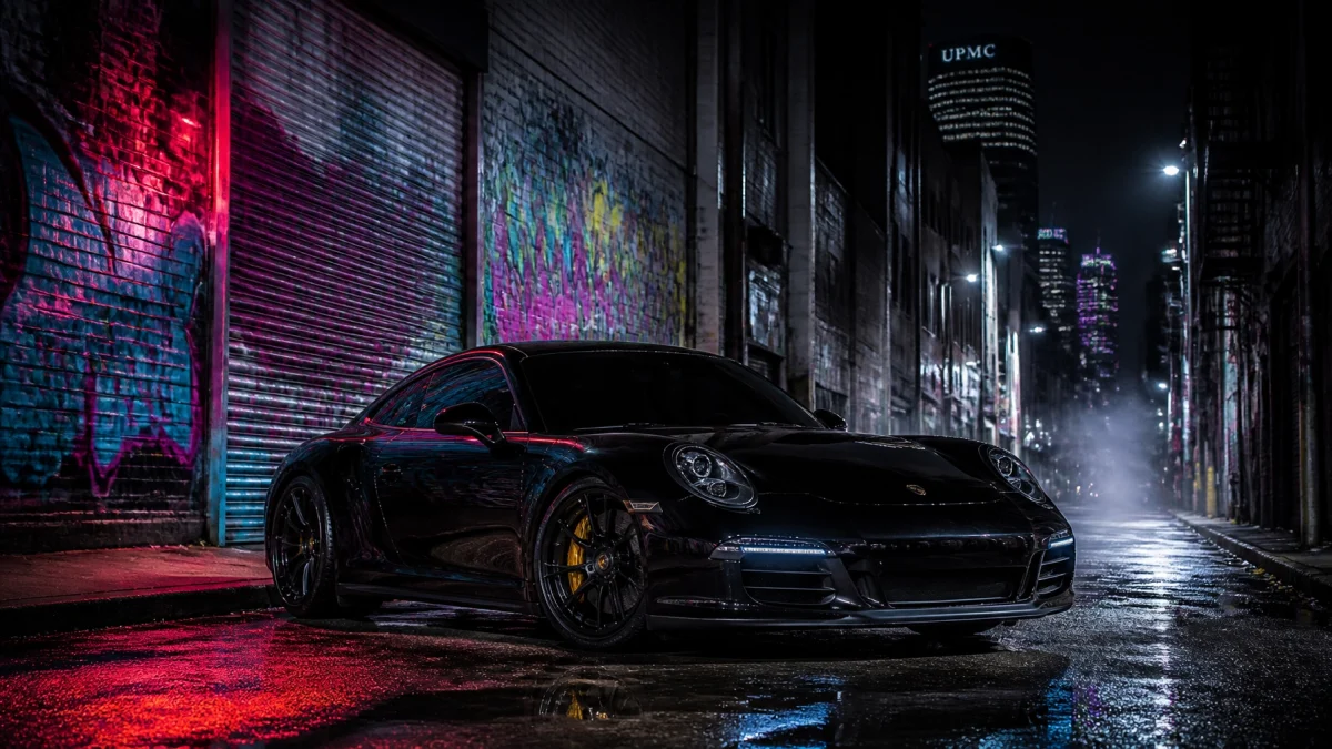 Black Porsche parked in a neon-lit, graffiti-covered alley at night with wet reflections on the street.